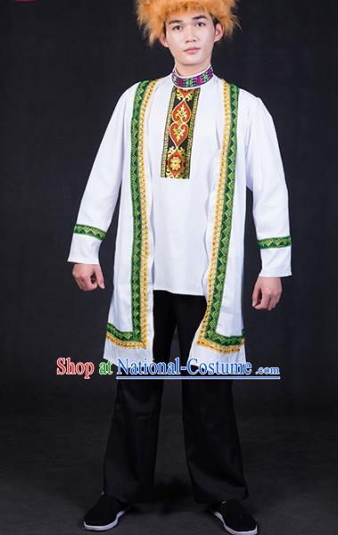 Chinese Traditional Kazak Nationality Festival Compere White Outfits Ethnic Minority Folk Dance Stage Show Costume for Men