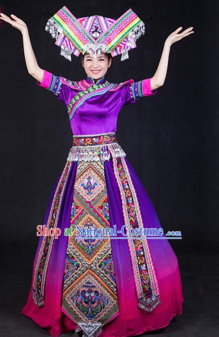 Chinese Traditional Zhuang Nationality Stage Show Purple Dress Ethnic Minority Folk Dance Costume for Women