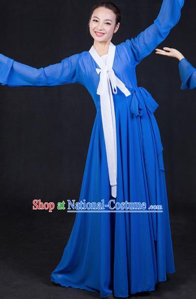 Chinese Traditional Korean Nationality Stage Show Blue Dress Ethnic Minority Folk Dance Costume for Women