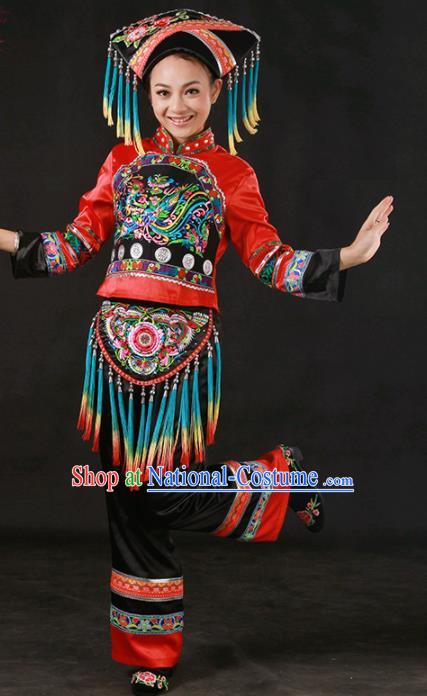 Chinese Traditional Zhuang Nationality Stage Show Embroidered Outfits Ethnic Minority Folk Dance Costume for Women