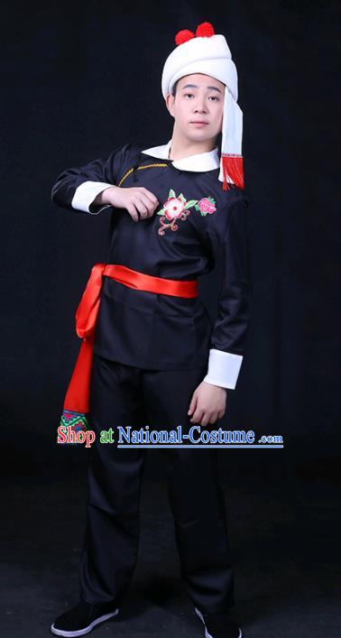 Chinese Traditional Achang Nationality Festival Compere Black Outfits Ethnic Minority Folk Dance Stage Show Costume for Men