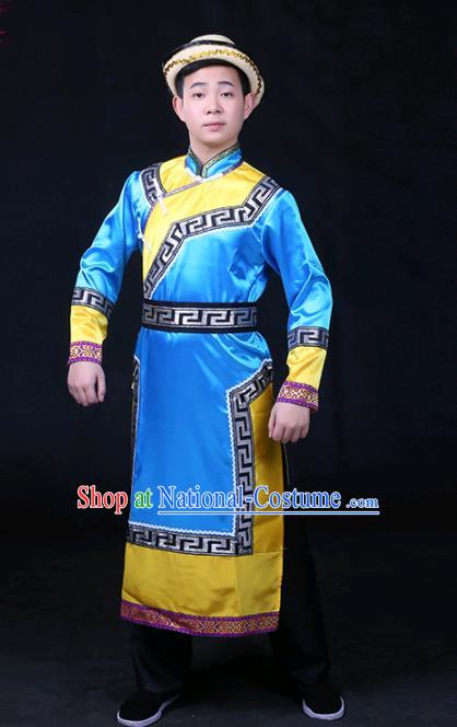 Chinese Traditional Yughur Nationality Festival Compere Blue Outfits Ethnic Minority Folk Dance Stage Show Costume for Men