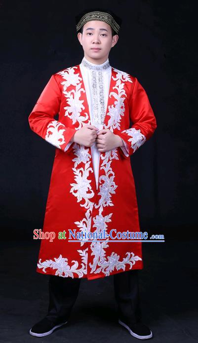 Chinese Traditional Ozbek Nationality Festival Compere Red Outfits Ethnic Minority Folk Dance Stage Show Costume for Men