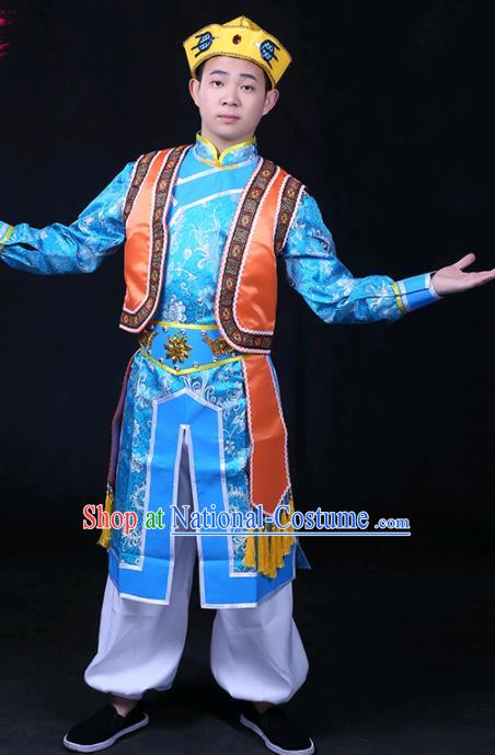 Chinese Traditional Xibe Nationality Festival Compere Blue Outfits Ethnic Minority Folk Dance Stage Show Costume for Men