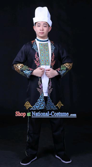 Chinese Traditional Khalkhas Nationality Festival Compere Black Outfits Ethnic Minority Folk Dance Stage Show Costume for Men