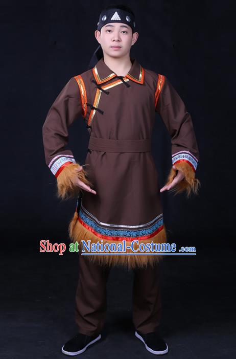 Chinese Traditional Ewenki Nationality Compere Brown Outfits Ethnic Minority Folk Dance Stage Show Festival Costume for Men