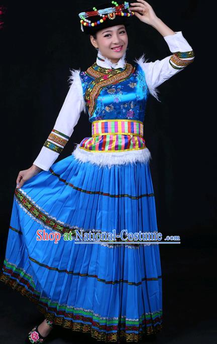 Chinese Traditional Pumi Nationality Stage Show Blue Long Dress Ethnic Minority Folk Dance Costume for Women