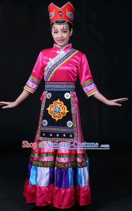 Chinese Traditional Gelao Nationality Stage Show Rosy Long Dress Ethnic Minority Folk Dance Costume for Women