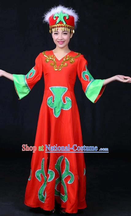 Chinese Traditional Daur Nationality Stage Show Red Dress Ethnic Minority Folk Dance Costume for Women