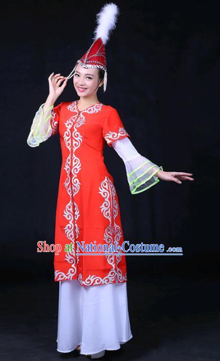 Chinese Traditional Khalkhas Nationality Stage Show Red Dress Ethnic Minority Folk Dance Costume for Women