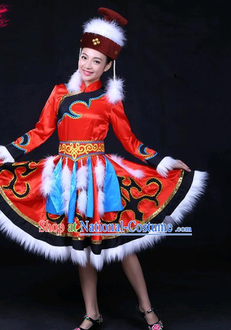 Chinese Traditional Hezhen Nationality Stage Show Red Dress Ethnic Minority Folk Dance Costume for Women