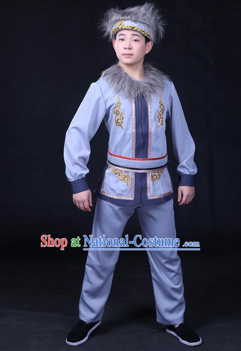 Chinese Traditional Hezhen Nationality Compere Blue Outfits Ethnic Minority Folk Dance Stage Show Festival Costume for Men