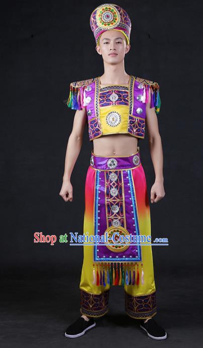 Chinese Traditional Zhuang Nationality Compere Purple Outfits Ethnic Minority Folk Dance Stage Show Festival Costume for Men