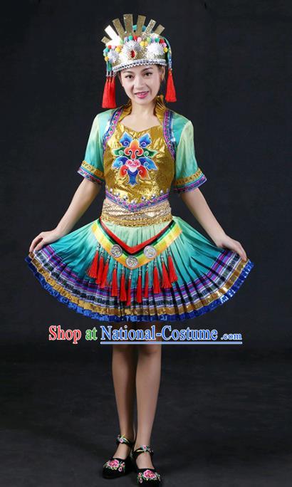 Chinese Traditional Yao Nationality Stage Show Green Short Dress Ethnic Minority Folk Dance Costume for Women