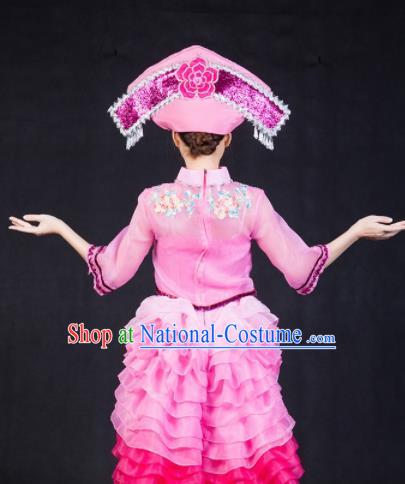 Chinese Traditional Zhuang Nationality Stage Show Pink Short Dress Ethnic Minority Folk Dance Costume for Women