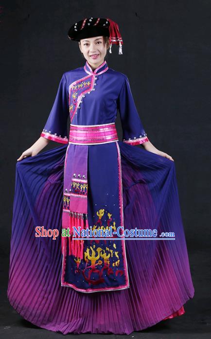 Chinese Traditional Zhuang Nationality Stage Show Purple Dress Ethnic Minority Folk Dance Costume for Women