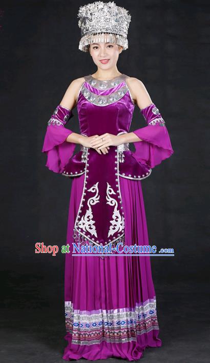 Chinese Traditional Miao Nationality Stage Show Purple Long Dress Ethnic Minority Folk Dance Costume for Women