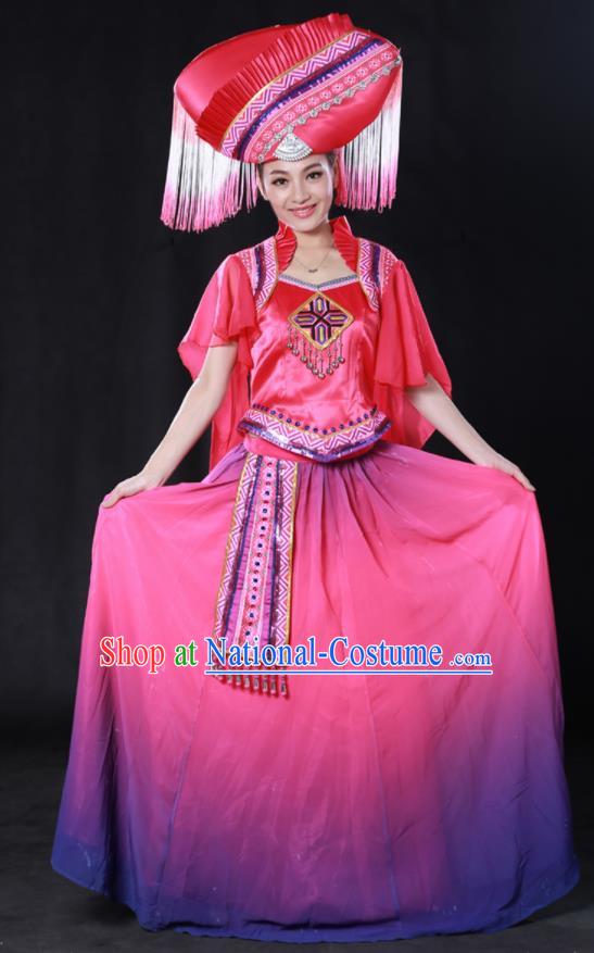 Chinese Traditional Zhuang Nationality Rosy Long Dress Ethnic Minority Folk Dance Stage Show Costume for Women