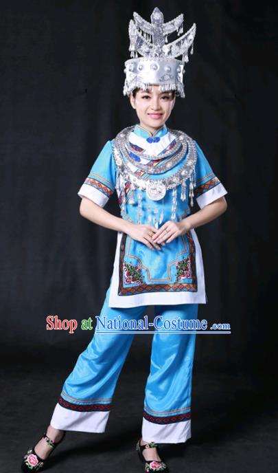 Chinese Traditional Shui Nationality Blue Dress Ethnic Minority Folk Dance Stage Show Costume for Women