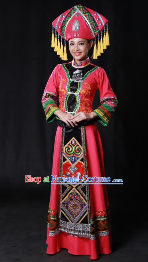 Chinese Traditional Guangxi Zhuang Nationality Rosy Dress Ethnic Minority Folk Dance Stage Show Costume for Women