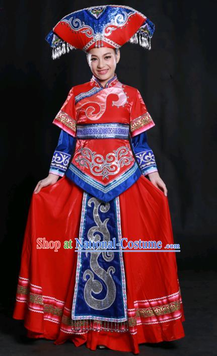 Chinese Traditional Guangxi Zhuang Nationality Red Dress Ethnic Minority Folk Dance Stage Show Costume for Women