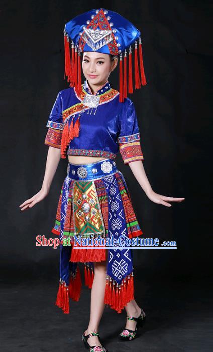 Chinese Traditional Guangxi Zhuang Nationality Royalblue Short Dress Ethnic Minority Folk Dance Stage Show Costume for Women