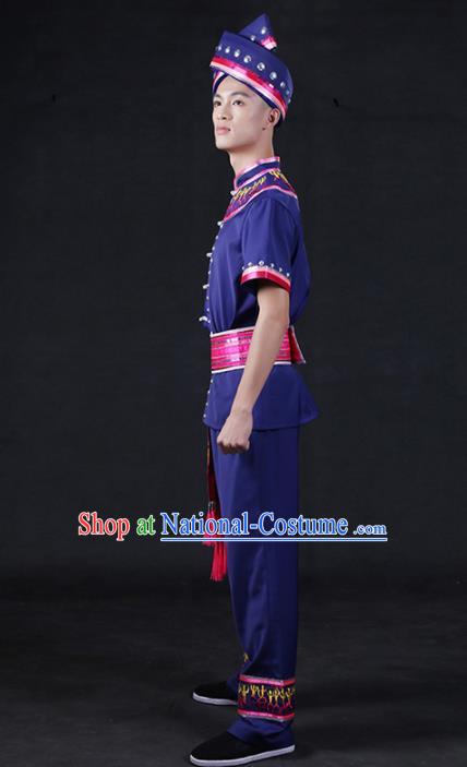 Chinese Traditional Zhuang Nationality Compere Navy Outfits Ethnic Minority Folk Dance Stage Show Festival Costume for Men