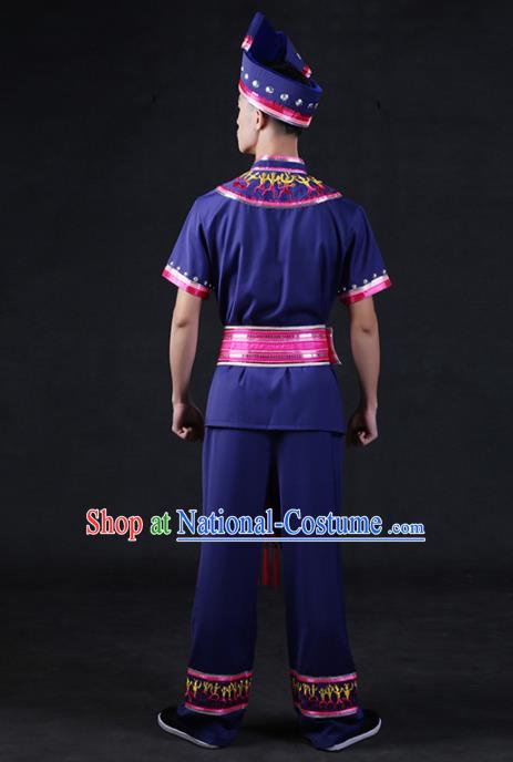 Chinese Traditional Zhuang Nationality Compere Navy Outfits Ethnic Minority Folk Dance Stage Show Festival Costume for Men