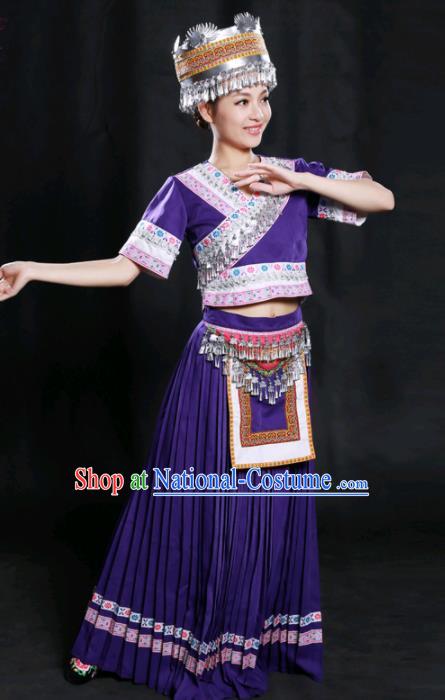 Chinese Traditional Miao Nationality Purple Long Dress Ethnic Minority Folk Dance Stage Show Costume for Women