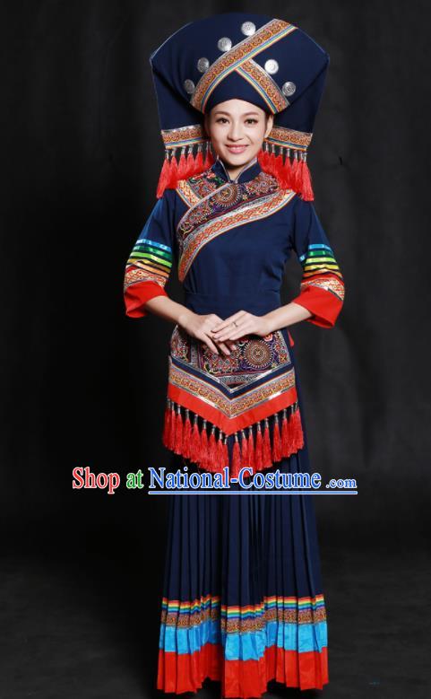 Chinese Traditional Zhuang Nationality Navy Long Dress Ethnic Minority Folk Dance Stage Show Costume for Women