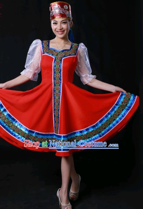 Chinese Traditional Russian Nationality Red Short Dress Ethnic Minority Folk Dance Stage Show Costume for Women