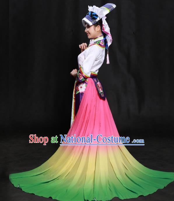 Chinese Traditional Qiang Nationality White Long Dress Ethnic Minority Folk Dance Stage Show Costume for Women