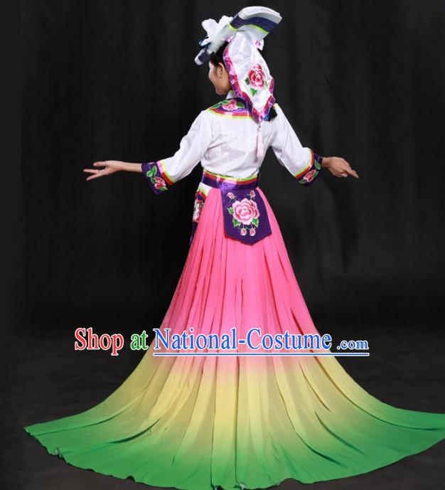 Chinese Traditional Qiang Nationality White Long Dress Ethnic Minority Folk Dance Stage Show Costume for Women