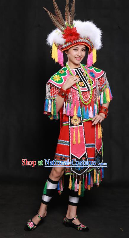 Chinese Traditional Gaoshan Nationality Red Short Dress Ethnic Minority Folk Dance Stage Show Costume for Women