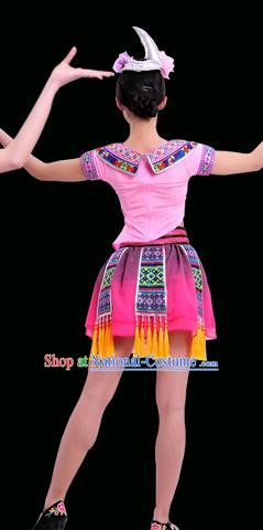 Chinese Traditional Miao Nationality Pink Short Dress Ethnic Minority Folk Dance Stage Show Costume for Women