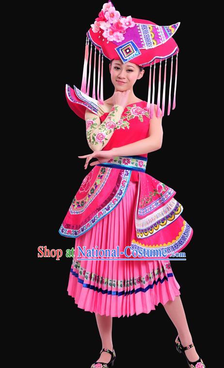 Chinese Traditional Zhuang Nationality Pink Dress Ethnic Minority Folk Dance Stage Show Costume for Women