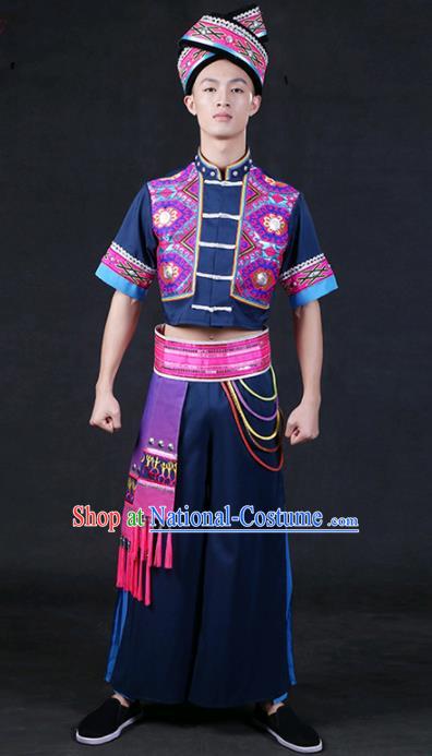 Chinese Traditional Zhuang Nationality Navy Outfits Ethnic Minority Folk Dance Stage Show Compere Festival Costume for Men