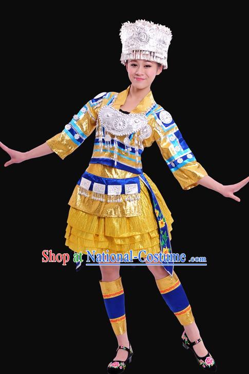 Chinese Traditional Miao Nationality Golden Short Dress Ethnic Minority Folk Dance Stage Show Costume for Women