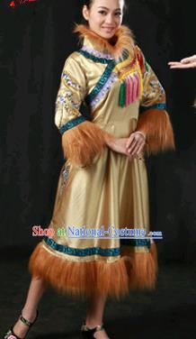 Chinese Traditional Oroqen Nationality Ginger Dress Ethnic Minority Folk Dance Stage Show Costume for Women