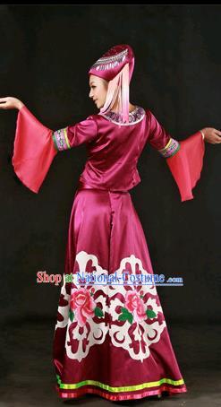 Chinese Traditional Zhuang Nationality Wine Red Dress Ethnic Minority Folk Dance Stage Show Costume for Women