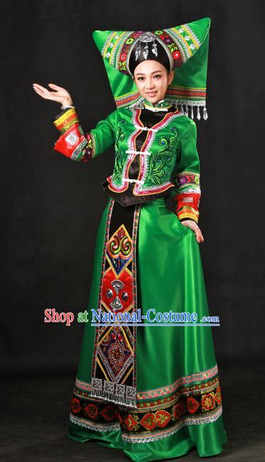 Chinese Traditional Zhuang Nationality Green Dress Ethnic Minority Folk Dance Stage Show Costume for Women