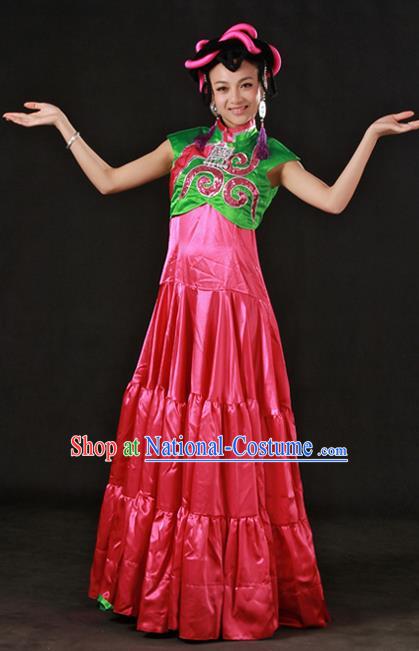 Chinese Traditional Yi Nationality Rosy Dress Ethnic Minority Folk Dance Stage Show Costume for Women