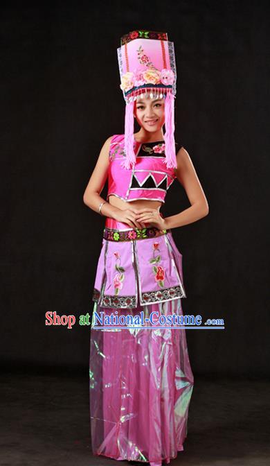 Chinese Traditional Qiang Nationality Pink Dress Ethnic Minority Folk Dance Stage Show Costume for Women