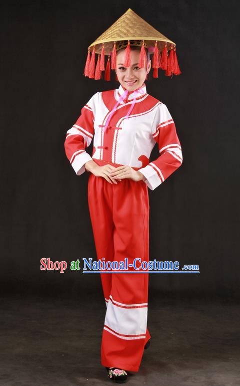 Chinese Traditional Maonan Nationality Red Outfits Ethnic Minority Folk Dance Stage Show Costume for Women