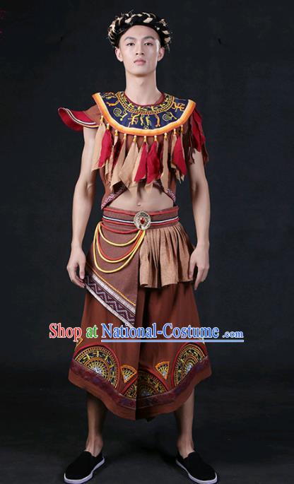 Chinese Traditional Zhuang Nationality Brown Outfits Ethnic Minority Folk Dance Stage Show Compere Festival Costume for Men