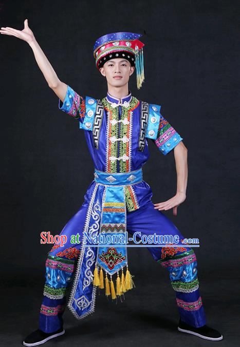 Chinese Traditional Zhuang Nationality Royalblue Outfits Ethnic Minority Folk Dance Stage Show Compere Festival Costume for Men