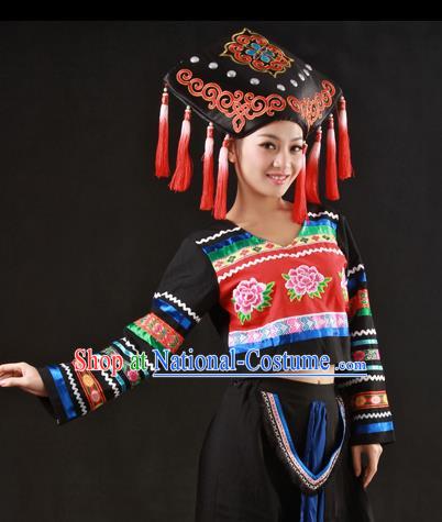 Chinese Traditional Zhuang Nationality Black Outfits Ethnic Minority Folk Dance Stage Show Costume for Women