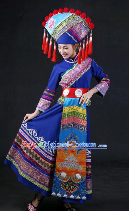 Chinese Traditional Guangxi Zhuang Nationality Stage Show Blue Dress Ethnic Minority Folk Dance Costume for Women