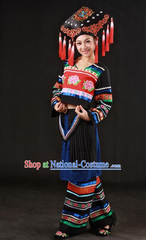 Chinese Traditional Zhuang Nationality Black Outfits Ethnic Minority Folk Dance Stage Show Costume for Women