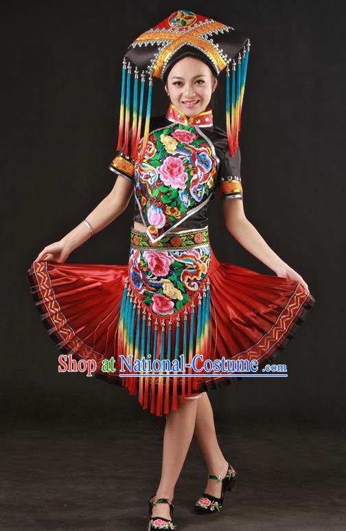 Chinese Traditional Zhuang Nationality Embroidered Short Dress Ethnic Minority Folk Dance Stage Show Costume for Women